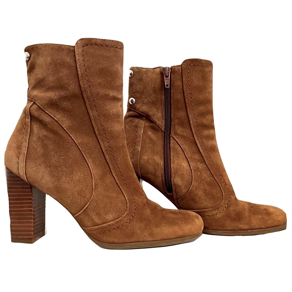 Franco Sarto square toe boots size 7 faux suede velvet wooden heel 3.5 inch